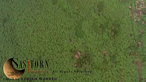 Forward tracking aerial shot, Rwandan countryside, camera tilted down vertically on evenly lit wooded farm land