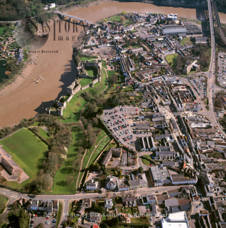 Chepstow town and Chepstow Castle, Located above cliffs on the River Wye, Monmouthshire, South Wales