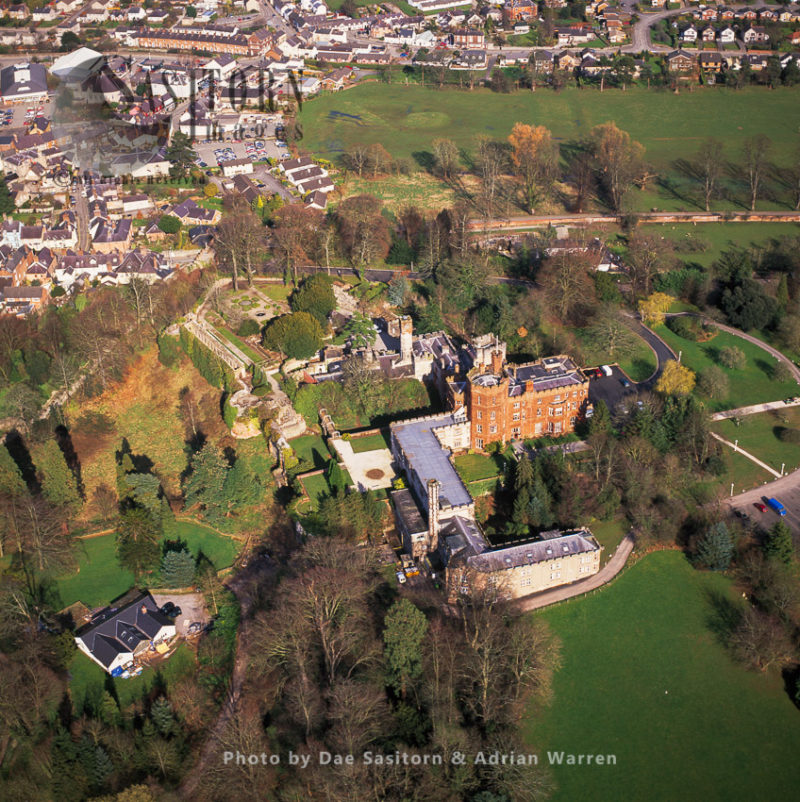 Ruthin Castle, a medieval castle fortification, on a red sandstone ridge overlooking the Vale of Clwyd, Ruthin, North Wales