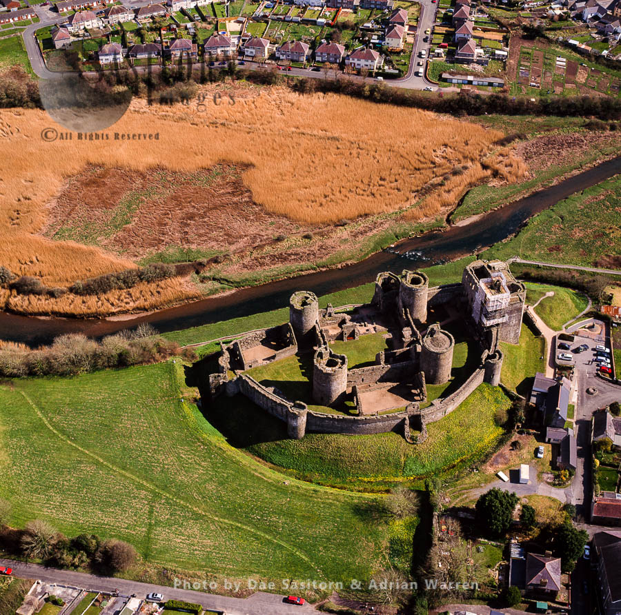 Kidwelly Castle, a Norman castle overlooking the River Gwendraeth and the town of Kidwelly, Carmarthenshire, South Wales