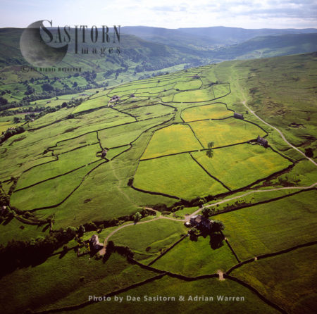 Agricultural fields in Swaledale, just north of Low Row, Yorkshire Dales, England