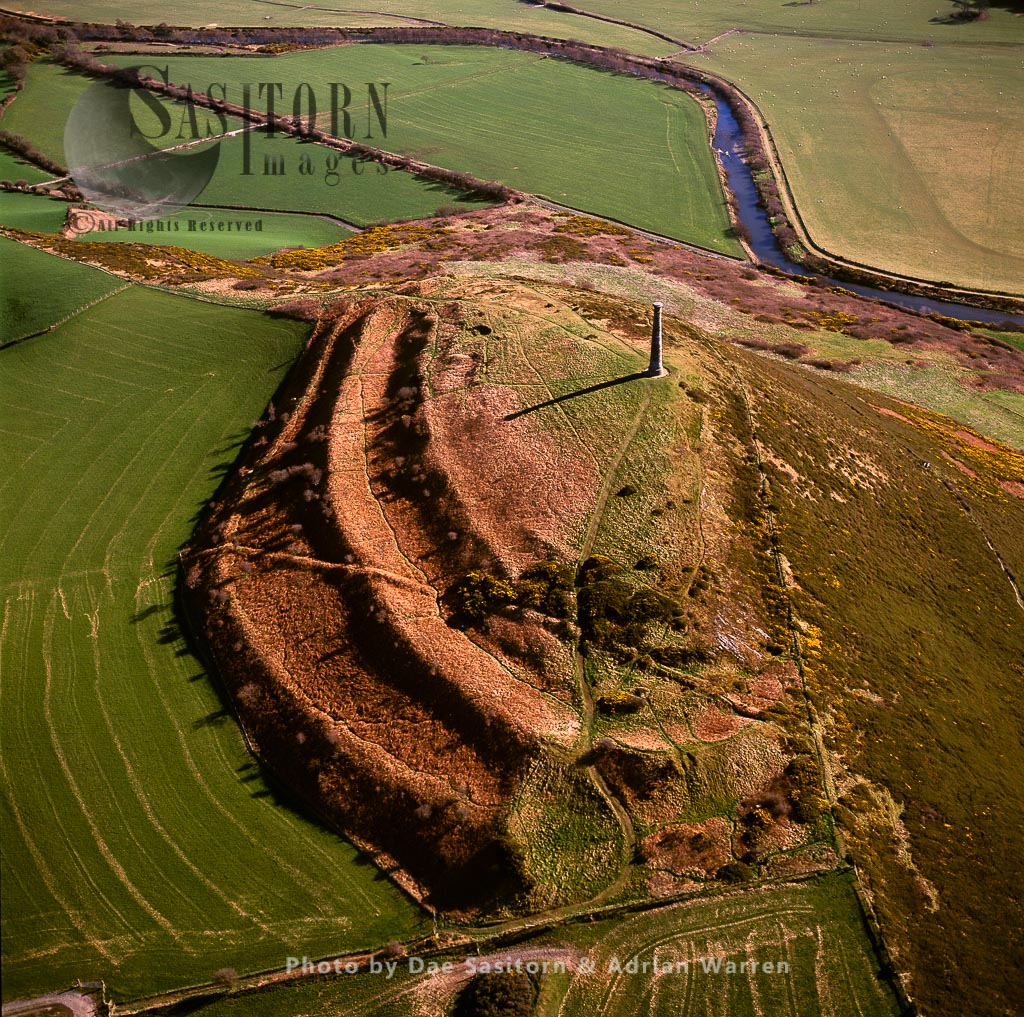 Wellington Monument on the top of Pen Dinas, an extenisve Iron Age, Celtic hillfort, village Penparcau, Ceredigion, just south of Aberystwyth, North Wales
