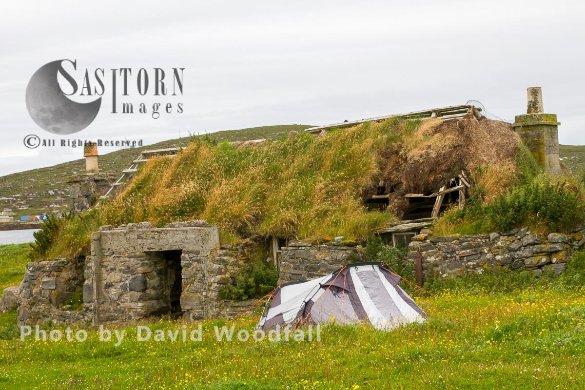 Camping outside abandoned and falling down croft on Machair, threat to both nesting Terns and waders,  Berneray, North Uist, Outer Hebrides, Scotland