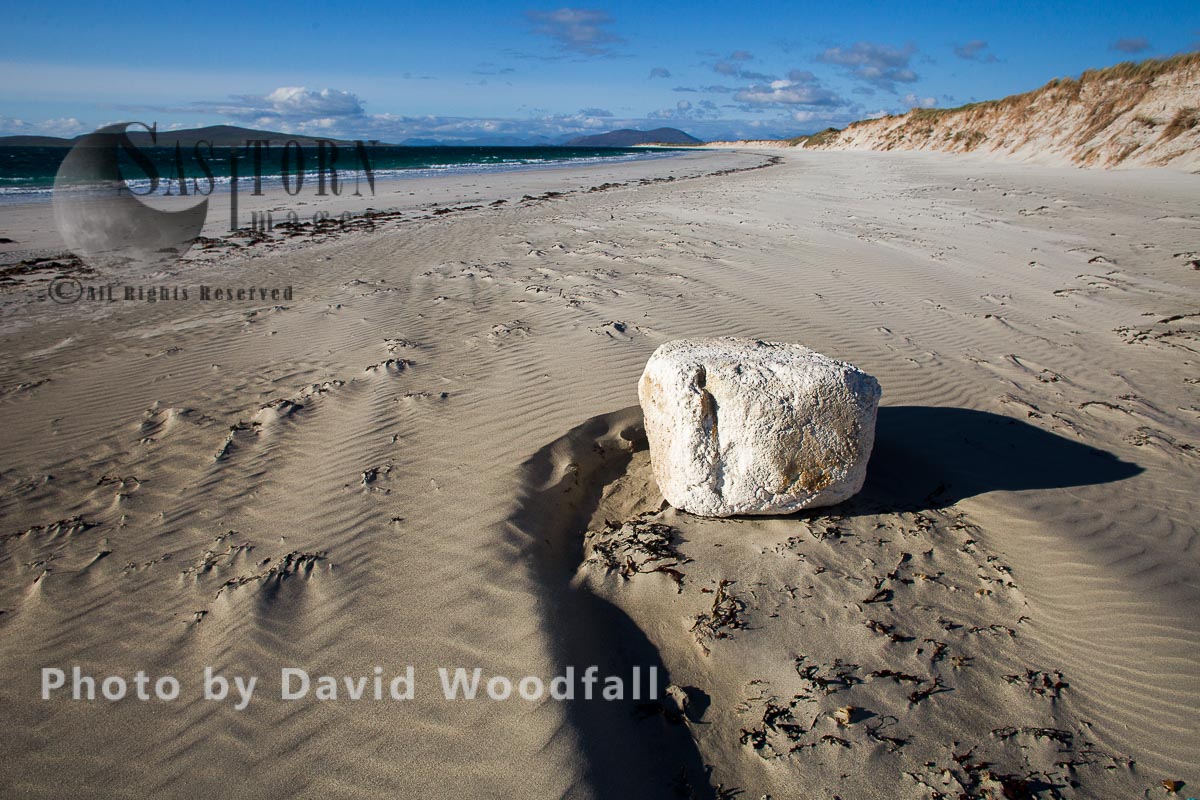 White foam block washed up on west facing beach, rubbish deposited by Atlantic ocean,  Berneray, North Uist, Outer Hebrides