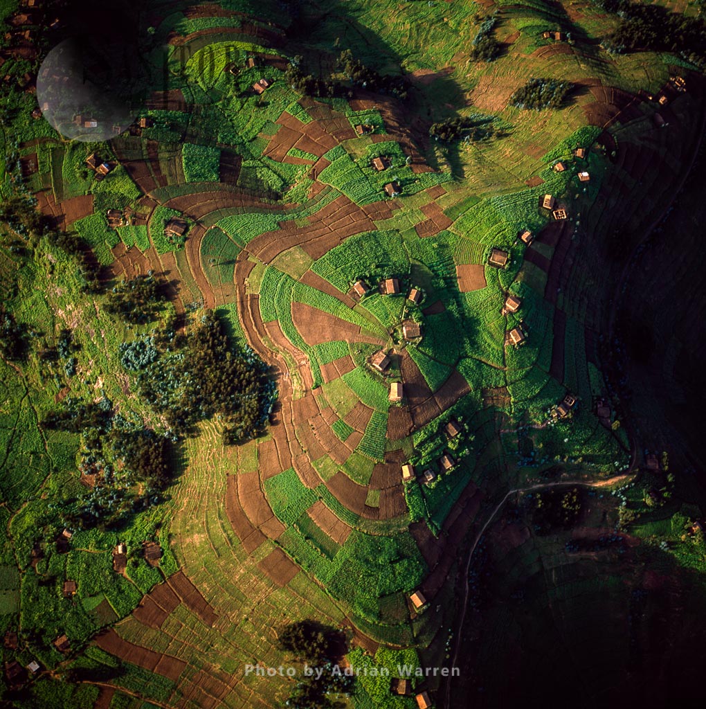 Intensive hillside agriculture and concentrated settlement on Virunga foothills, Rwanda, Great Rift Valley, East Africa