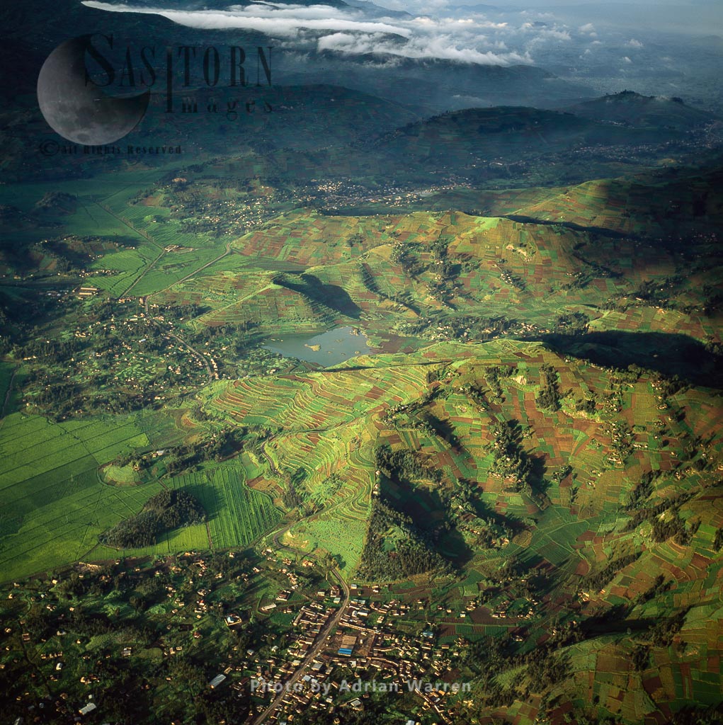 Intensive hillside agriculture and concentrated settlement on Virunga foothills, Rwanda, Great Rift Valley, East Africa
