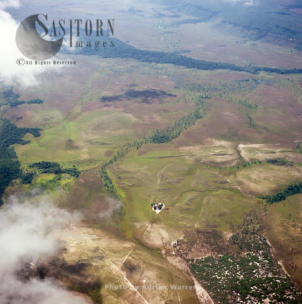 Aerial view of Pemón settlement on Gran Sabana, Tepuis, Canaima National Park, Venezuela