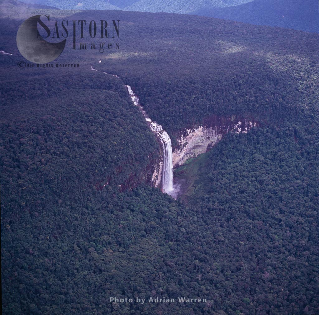 Aerial view of waterfall on slopes of Auyantepui, Tepuis, Canaima National Park, Venezuela