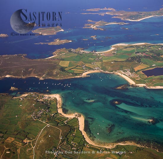 Tresco, from Bryher in foreground, Isles of Scilly, an archipelago off the Cornish coast, southwest England