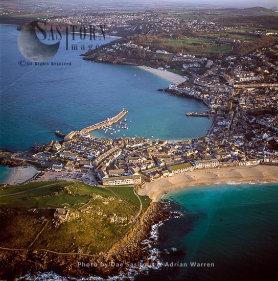 St. Ives, with the Island and St Nicholas Chapel in foreground, Cornwall