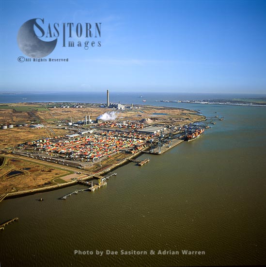 Thamesport Terminal and BP oil refinery, Isle of Grains at Estuary of the River Thames, Kent,