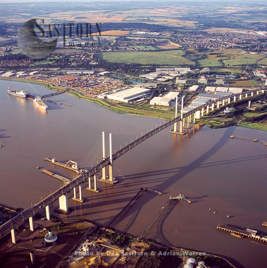 Dartford Crossing, with cable-stayed Queen Elizabeth II Bridge, carrying A282 road between Dartford and Thurrock over the Estuary of the River Thames