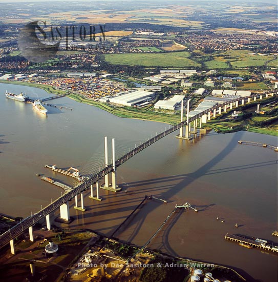 Dartford Crossing, with cable-stayed Queen Elizabeth II Bridge, carrying A282 road between Dartford and Thurrock over the Estuary of the River Thames