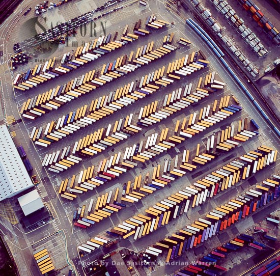 Rows of shipping containers at Purfleet, on the estuary of the River Thames, Essex