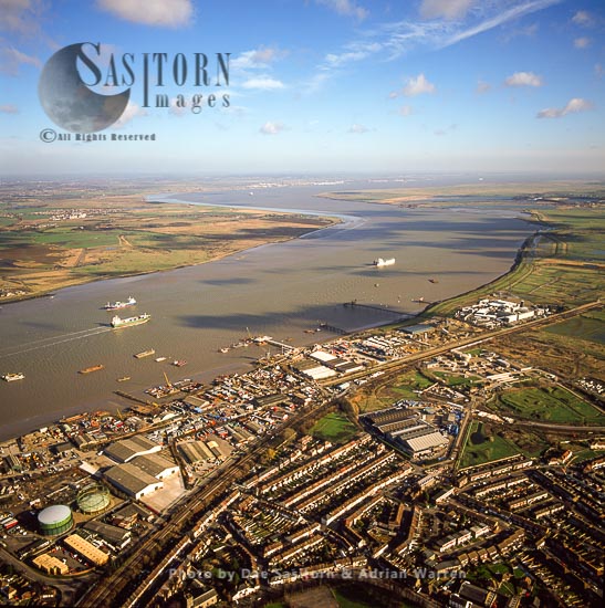 View of the Estuary of the River Thames looking east from Milton and Denton, east of Gravesend, Kent,