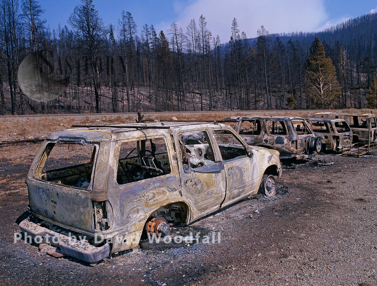 Burnt out car caught in wildfire, Yellowstone