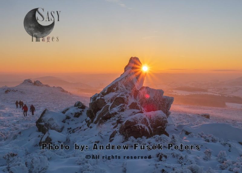 Sunset at Diamond Rock with snow Stiperstones